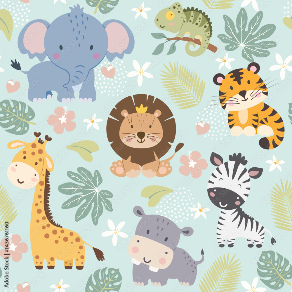 Seamless pattern with cute African animals. Elephant, tiger, lion, giraffe, hippo, zebra and chameleon. Vector illustration. Seamless pattern with cute African animals. Elephant, tiger, lion, giraffe, hippo, zebra and chameleon. Vector illustration.