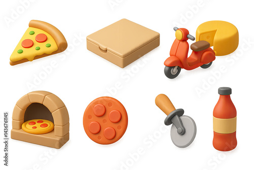 Obraz na płótnie Pizza and italian cuisine 3d icons set – isometric style food, delivery, and restaurant symbols: pizza slice, pizza box, scooter, cheese, pizza oven, dough roller, sauce bottle. w salonie