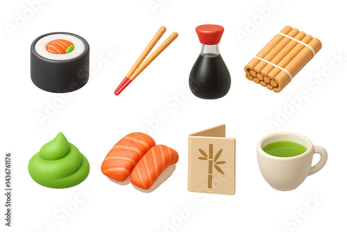 Obraz na płótnie Japanese cuisine icon set – 3d style food, culinary, and sushi symbols for dining designs: sushi roll, chopsticks, soy sauce, bamboo mat, wasabi, nigiri, menu, tea. w salonie