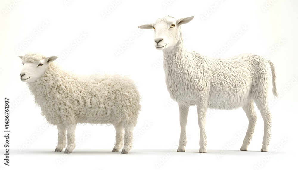 Fototapeta premium Pair of fluffy white sheep and goat, digitally rendered.