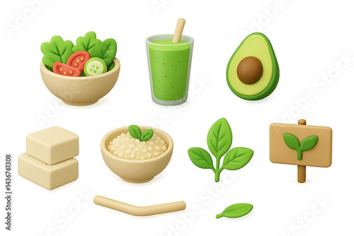Obraz na płótnie Healthy vegan food icons set – 3d style plant-based, organic, and fresh elements for menu design: salad, smoothie, avocado, tofu, grains, herbs, sign w salonie