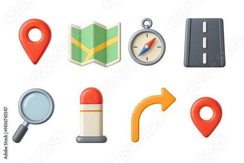 Navigation and location 3d icons set – isometric style for travel, map, and direction guidance: map, compass, location pin, road, magnifying glass, arrow, signpost.