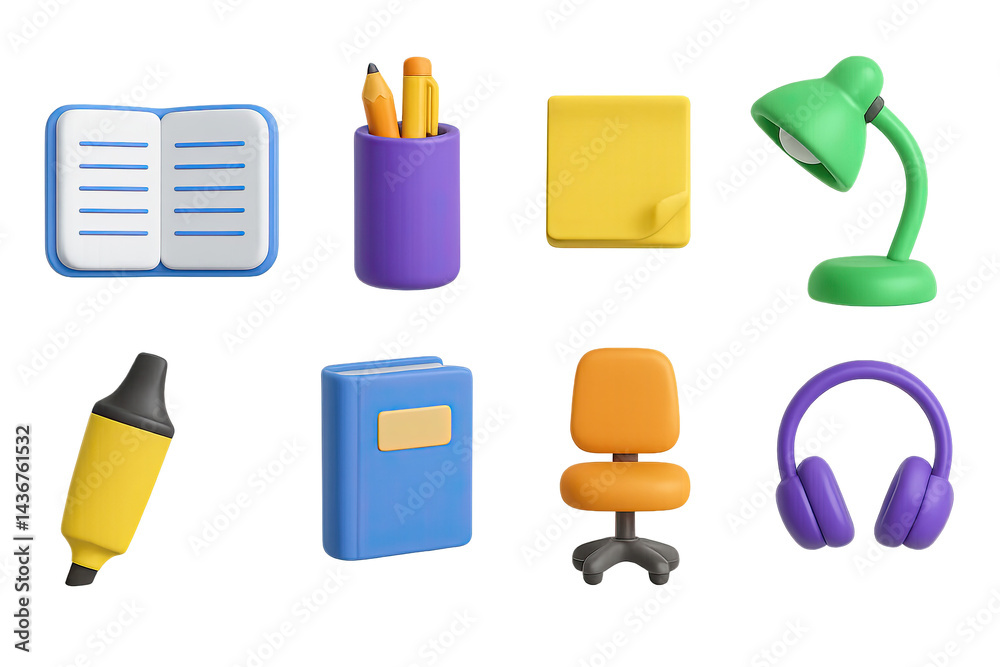 3d education essentials icon set - vibrant back-to-school, learning, and classroom symbols: notebook, pencil cup, sticky note, desk lamp, highlighter, textbook, chair, headphones.