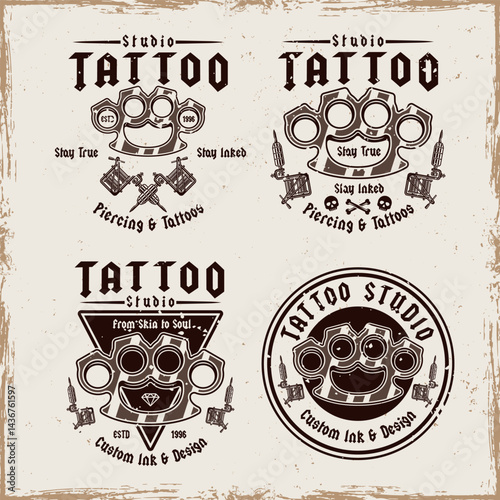 Vintage tattoo studio set of emblems with brass knuckles and tattoo machines. Classic vintage style vector illustration in retro style, perfect for badges, t-shirt prints and tattoo related designs