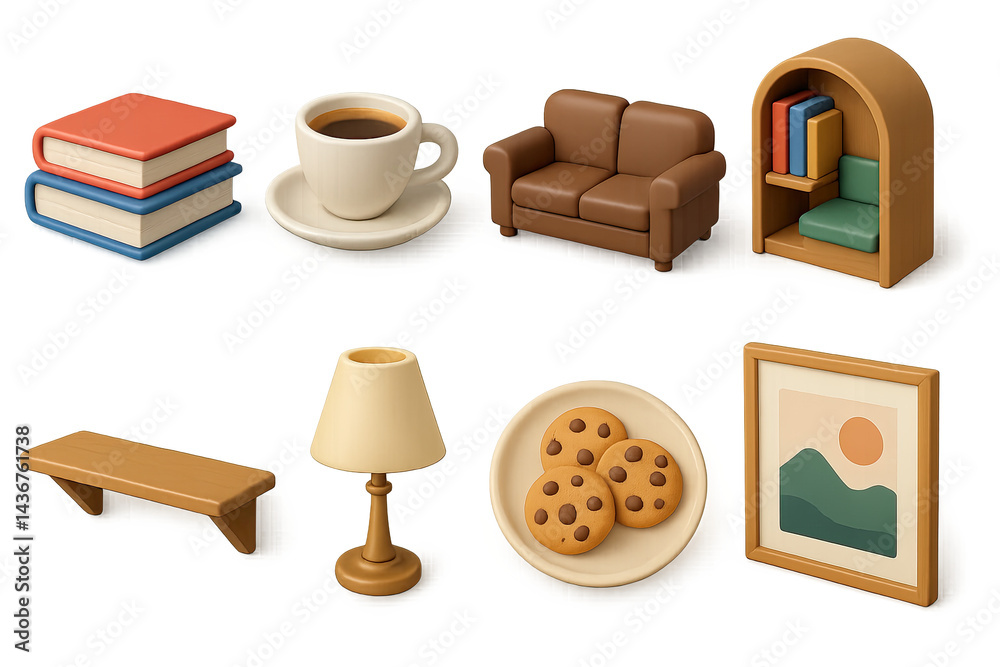 Cozy home decor icon set – 3d aesthetic for interior design, comfort, and lifestyle: bookshelf, coffee cup, sofa, lamp, books, cookies, bench, artwork.