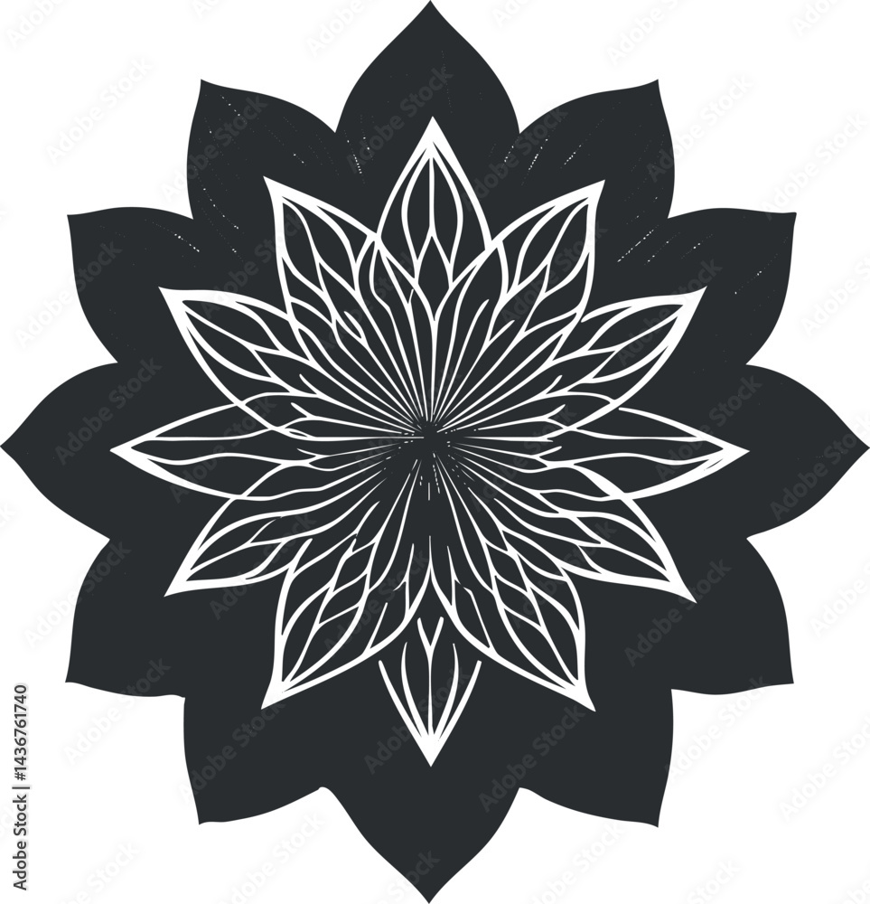 Obraz premium Black and white symmetrical flower mandala design with intricate leaf patterns and geometric shapes