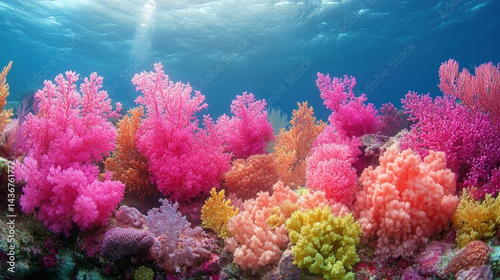 Fototapeta premium Vibrant coral reef underwater scene, sunlit ocean