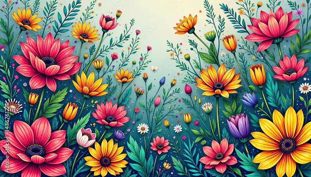 Intricate line art, densely packed wildflowers, geometric layout , background, design element, design Intricate line art, densely packed wildflowers, geometric layout , background, design element, design