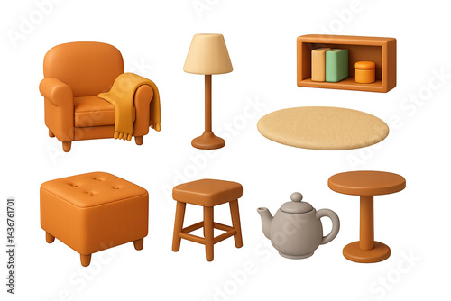 Cozy living room 3d icons - comfort, home decor, and relaxation essentials in soft, warm tones: armchair, floor lamp, bookshelf, rug, ottoman, stool, table, teapot