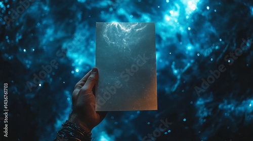Fingers grasp a sheet of paper set against the backdrop of a star-filled evening sky, symbolizing the unwritten future in an illustration
