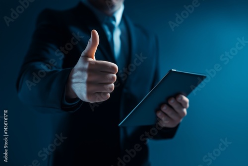Corporate Professional Giving Thumbs-Up with Tablet