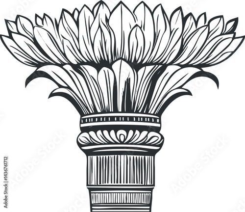 Black and white line art illustration of an ancient Corinthian column capital with floral decorative elements