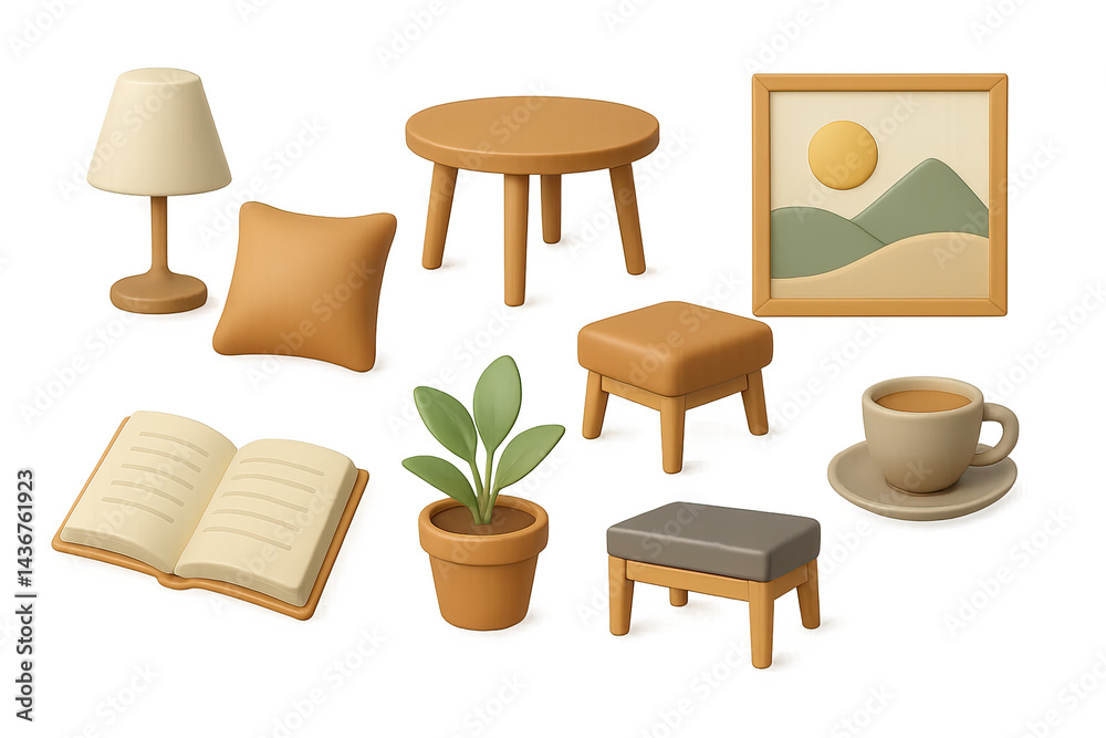 Home decor 3d icons set – modern style furniture, interior, and lifestyle symbols: lamp, table, pillow, art frame, book, plant, coffee cup, stool