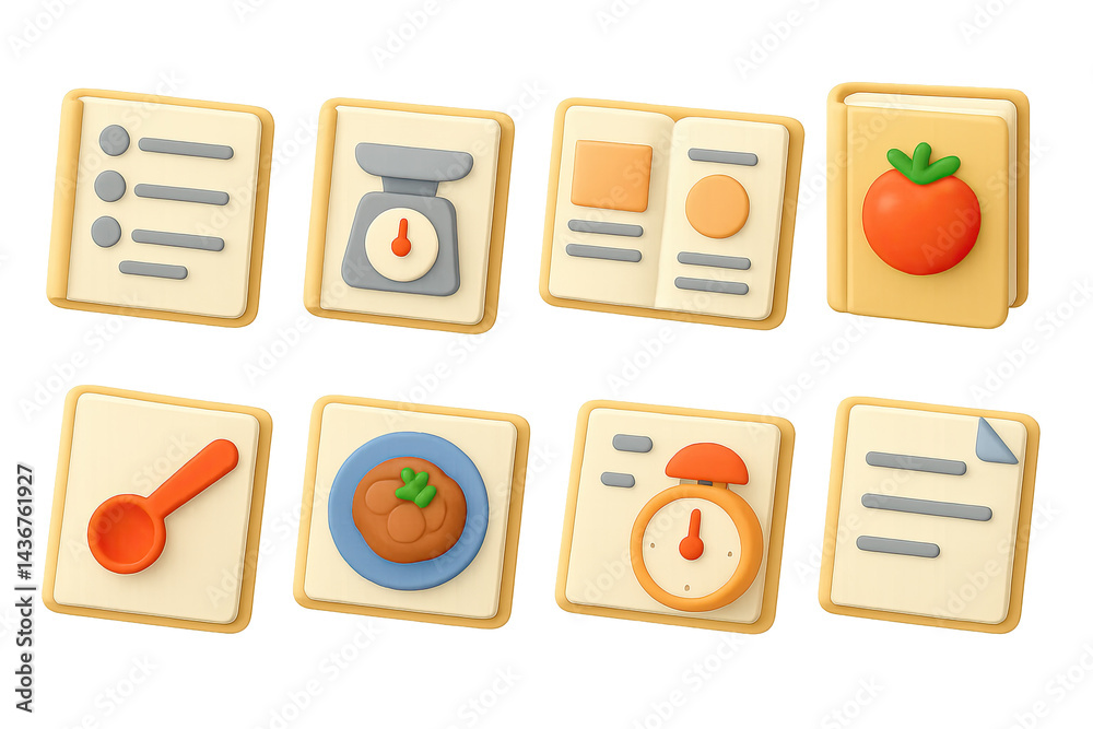 Cooking and kitchen 3d icons set – isometric style culinary, recipe, and food preparation symbols: utensils, scales, cookbook, tomato, plate, timer, menu.