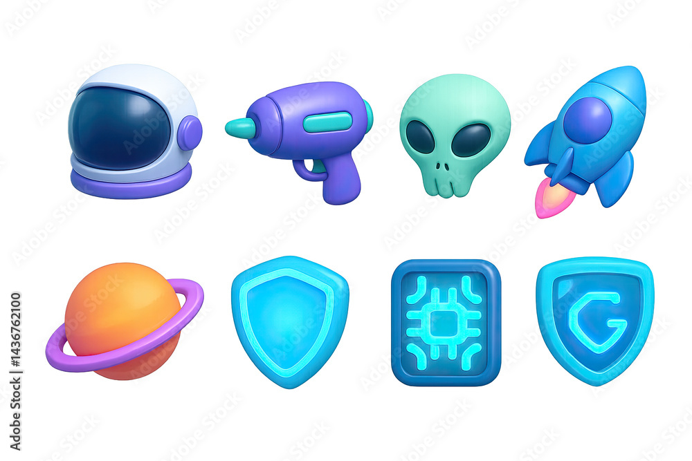 Retro futuristic 3d icon set – vibrant neon sci-fi and space elements for creative projects: astronaut helmet, ray gun, alien, rocket, planet, shield, microchip, badge.
