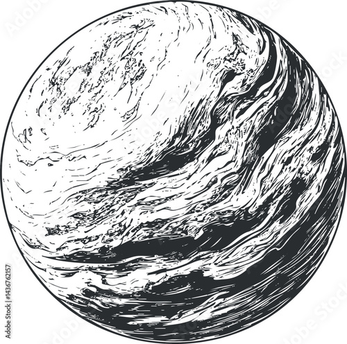 Black and white vector illustration of a textured planet or celestial body with swirling surface patterns