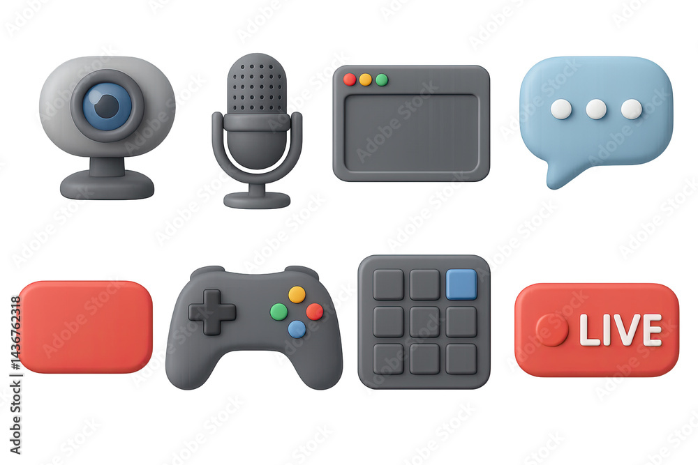 Live streaming 3d icon set – isometric style media, gaming, and communication symbols for digital platforms: webcam, microphone, chat bubble, controller, stream deck, live button.