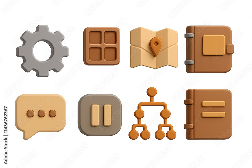 Comprehensive business planning icon set – 3d style workflow, strategy, and management symbols: gear, grid, map, notebook, chat, pause, flowchart, diary.