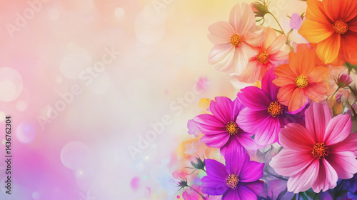 watercolor botanical Cosmos flowers texture template background.Elegant wedding invitation card background . Minimal hand painted Design for wedding or Valentine's Day