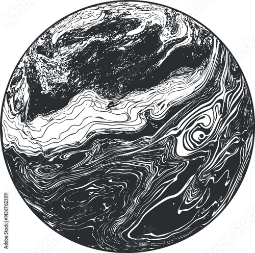 Abstract black and white illustration of a planet with swirling patterns resembling Earth's surface and atmosphere