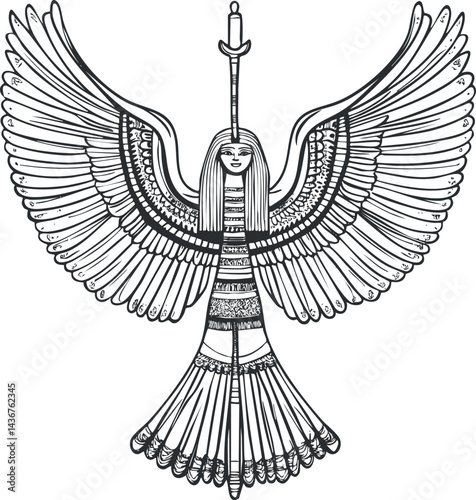 Black and white line art illustration of the ancient Egyptian goddess Isis with outstretched wings and traditional headdress.
