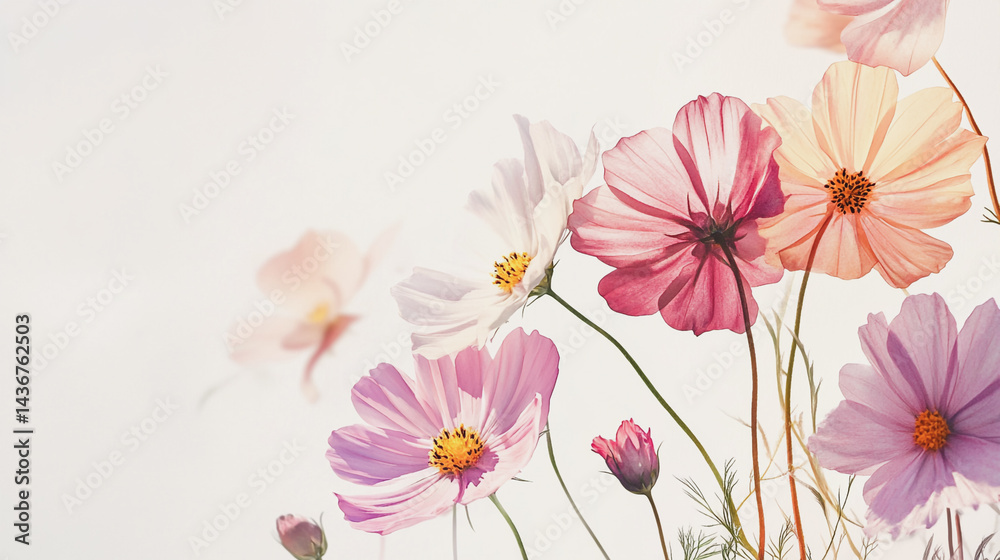 Naklejka premium watercolor botanical Cosmos flowers texture template background.Elegant wedding invitation card background . Minimal hand painted Design for wedding or Valentine's Day