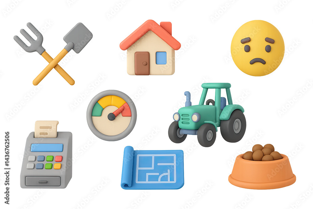 Farming and agriculture 3d icon set – isometric style harvest, farm, and gardening symbols: tractor, farmhouse, blueprint, pitchfork, plan, soil, sad face, scale.