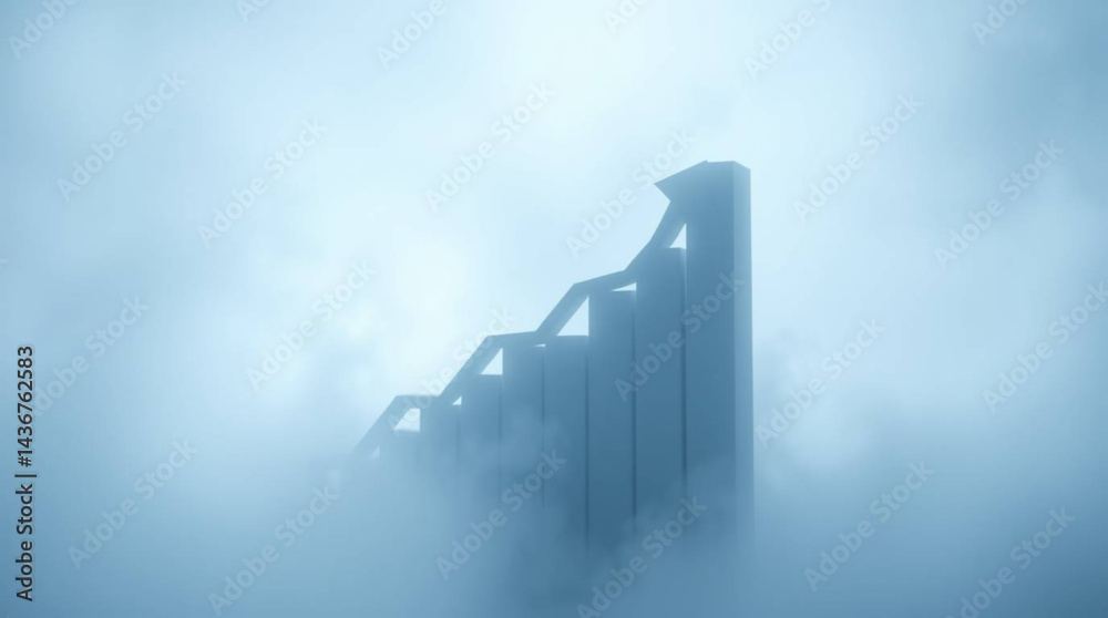 A tall structure with a staircase design emerging from a dense fog in a monochromatic setting created with generative ai A tall structure with a staircase design emerging from a dense fog in a monochromatic setting created with generative ai