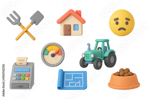 Obraz na płótnie Farming and agriculture 3d icon set – isometric style harvest, farm, and gardening symbols: tractor, farmhouse, blueprint, pitchfork, plan, soil, sad face, scale. w salonie