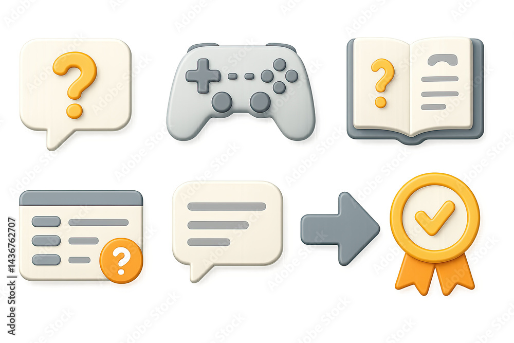 Educational and entertainment 3d icon set – flat style learning, gaming, and achievement symbols: question mark, game controller, book, chart, speech bubble, arrow, badge.