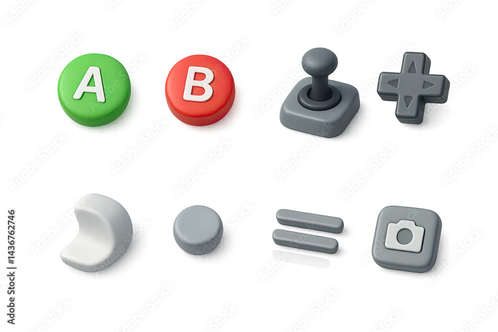 Retro gaming 3d icon set – vintage arcade and console symbols for game design: controller, joystick, d-pad, game button, camera, crescent moon, pause button