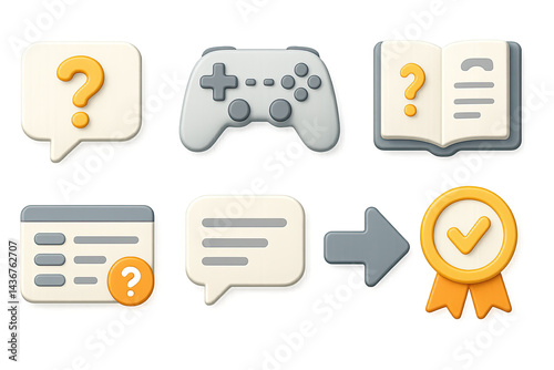 Educational and entertainment 3d icon set – flat style learning, gaming, and achievement symbols: question mark, game controller, book, chart, speech bubble, arrow, badge.