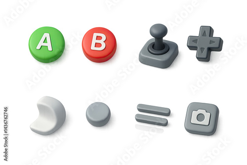 Obraz na płótnie Retro gaming 3d icon set – vintage arcade and console symbols for game design: controller, joystick, d-pad, game button, camera, crescent moon, pause button w salonie
