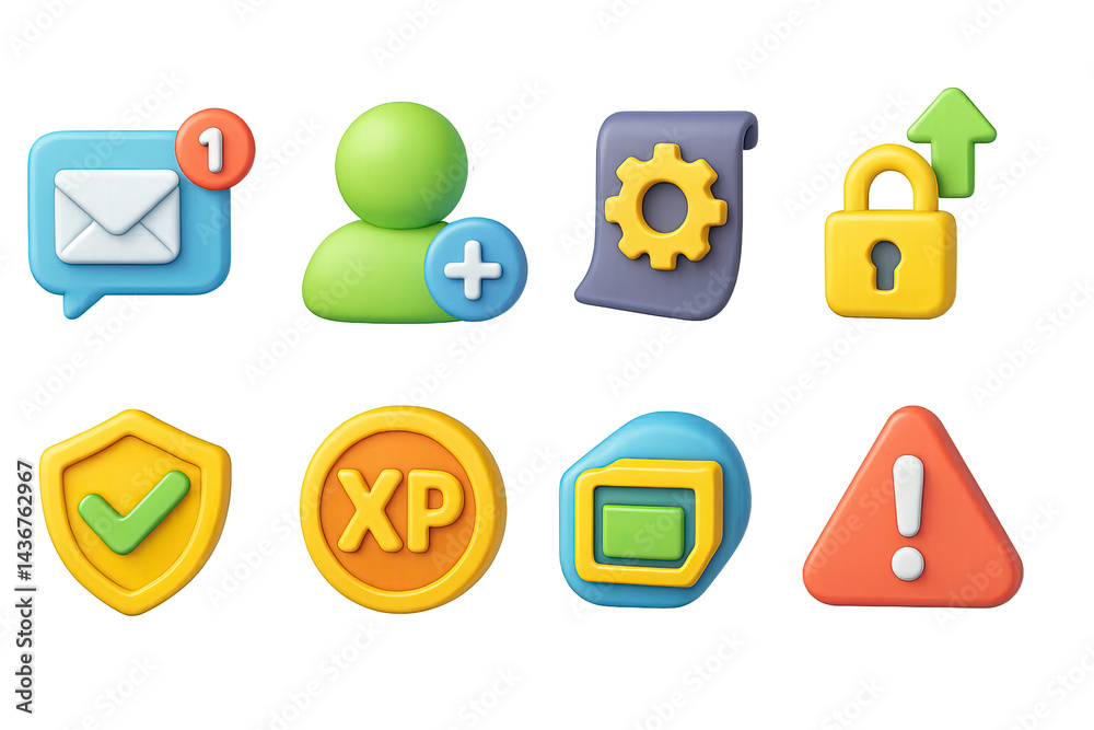 Gaming interface 3d icon set – vibrant style for ui, ux, and app design: notification, profile, settings, security, shield, achievement, screen, alert.