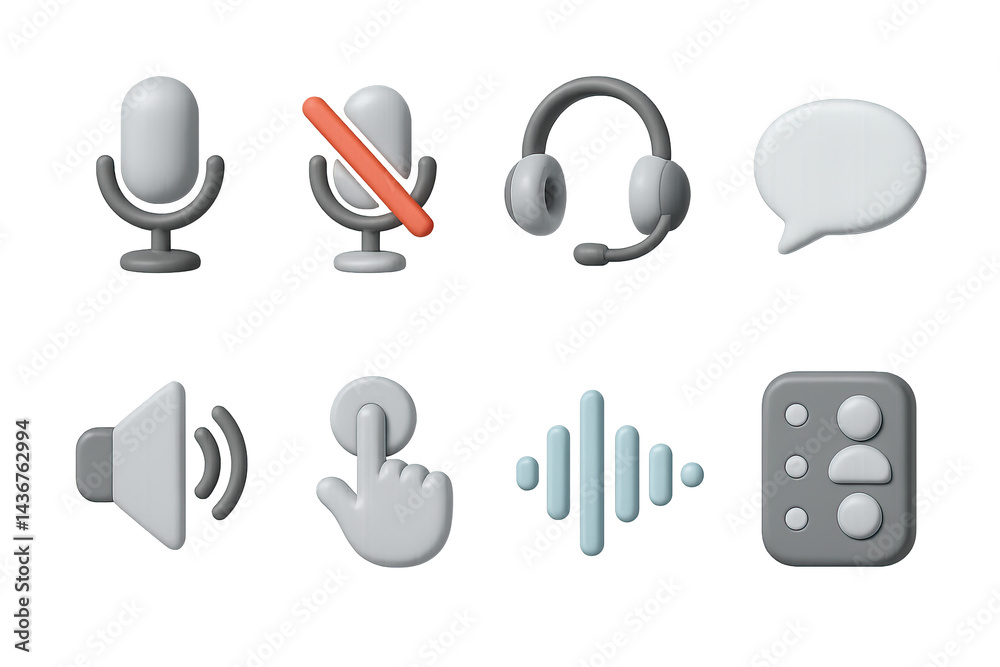 Podcasting and audio communication 3d icons set – vibrant style broadcasting, sound editing, and voice tools: microphone, mute button, headphones, speech bubble, speaker, touch control, waveform,