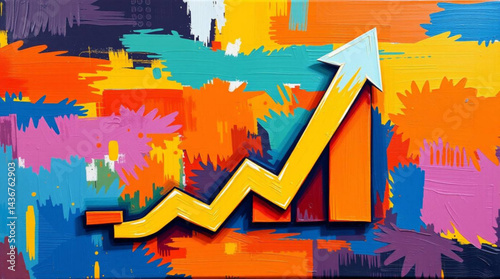 Abstract painting of a yellow arrow and orange bars showing upward trend on colorful background created with generative ai