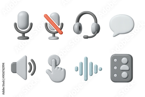 Obraz na płótnie Podcasting and audio communication 3d icons set – vibrant style broadcasting, sound editing, and voice tools: microphone, mute button, headphones, speech bubble, speaker, touch control, waveform, w salonie