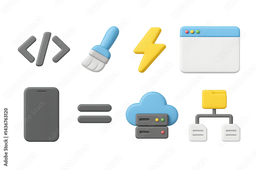 Web development 3d icons set – isometric style for coding, tech, and software projects: code brackets, brush, lightning bolt, browser window, smartphone, cloud server, folder