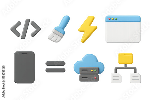 Obraz na płótnie Web development 3d icons set – isometric style for coding, tech, and software projects: code brackets, brush, lightning bolt, browser window, smartphone, cloud server, folder w salonie