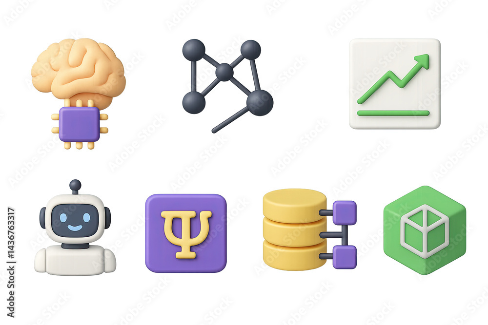 Technology and innovation 3d icon set - modern ai, data science, and growth symbols: brain chip, molecule, graph, robot, database, blockchain, neural network