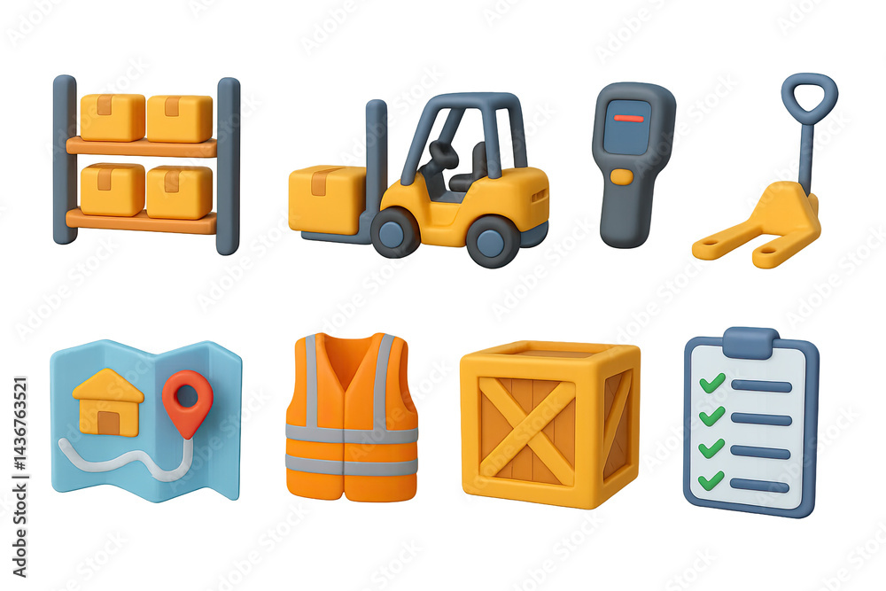 Warehouse and logistics 3d icon set – isometric style for supply chain management and inventory control: forklift, pallet jack, scanner, clipboard, map, safety vest