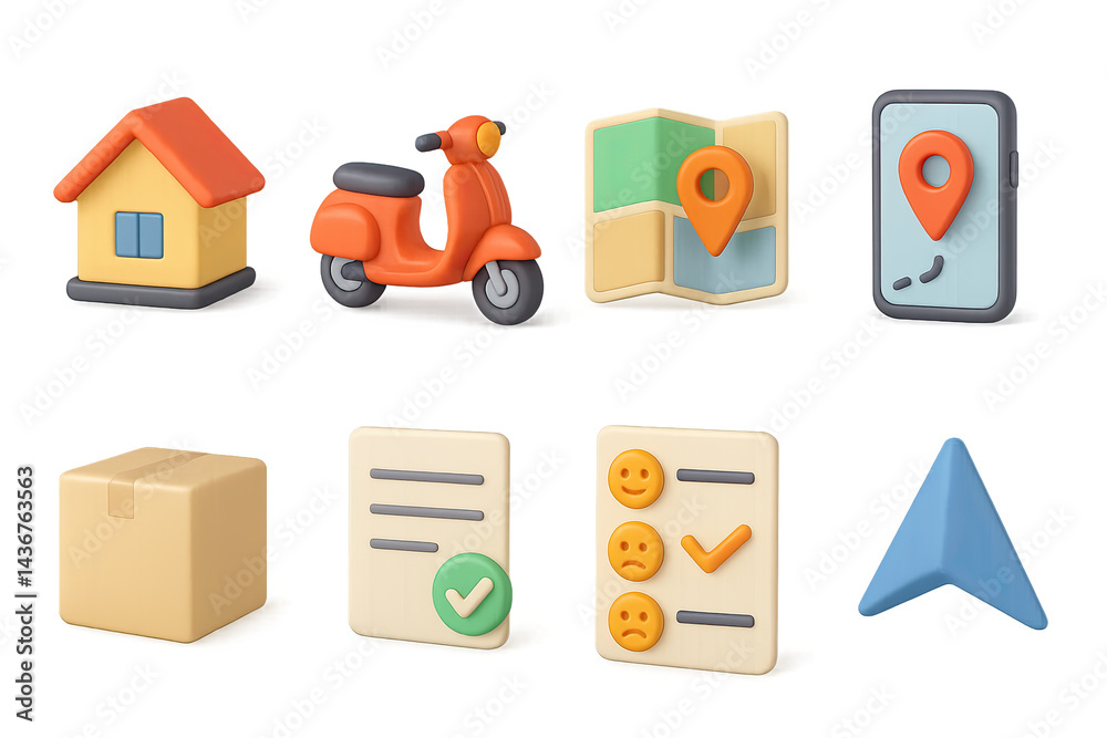 3d navigation and delivery icons set – isometric style for location, logistics, and transportation: house, scooter, map, smartphone, package, checklist, navigation arrow