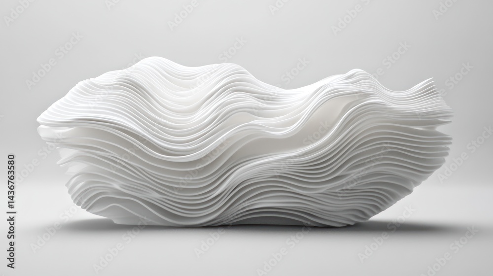White abstract sculpture, wavy layers, studio background, design concept White abstract sculpture, wavy layers, studio background, design concept