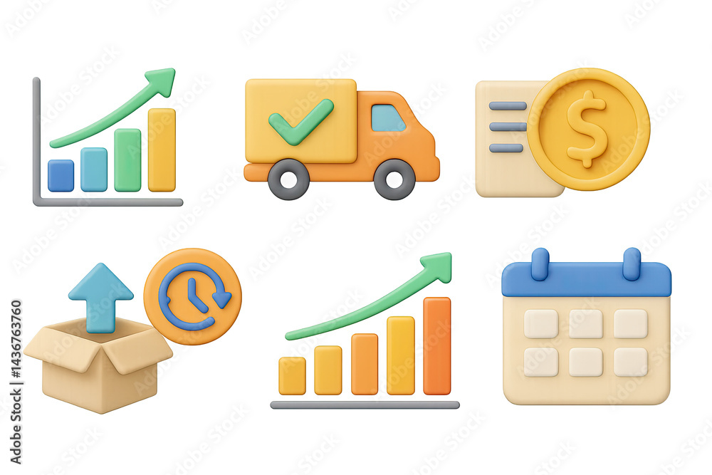 Economic growth 3d icons set – isometric style for finance, business development, and data analysis: bar graph, delivery truck, currency symbol, statistics, package, calendar
