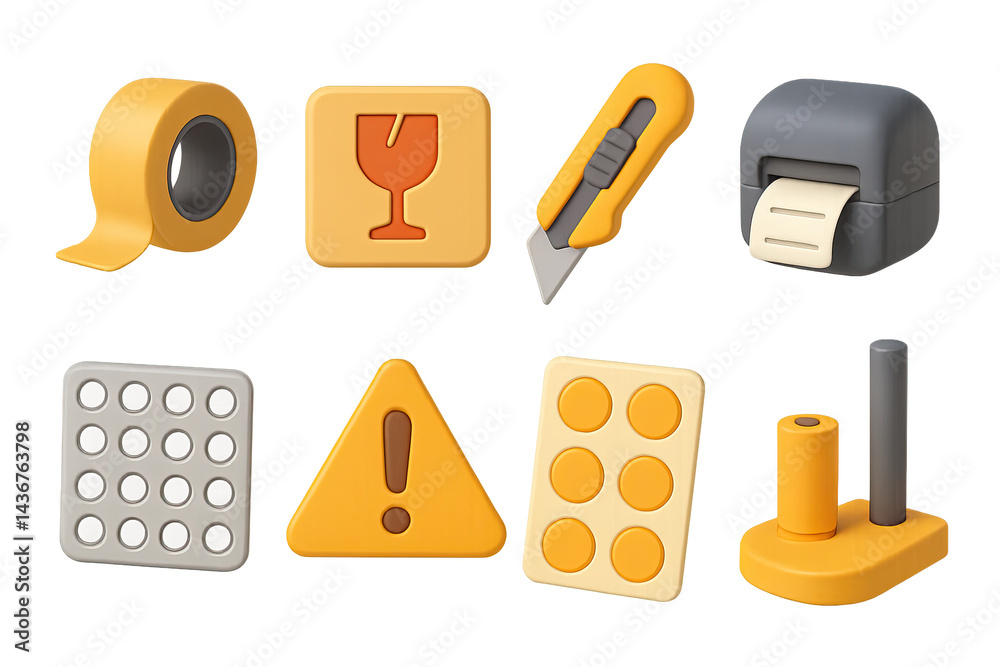 Industrial safety 3d icon set – solid style caution, warning, and packaging symbols for workplace safety: tape, fragile, cutter, label printer, safety sign, floor marking
