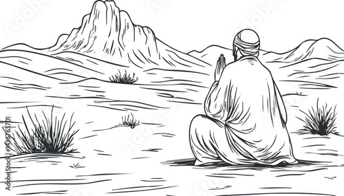 Black and white illustration of a man praying alone in a desert landscape with mountains in the background.