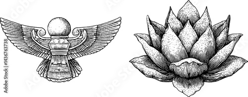 Ornate engraved illustration of isis wings and throne set for mythological designs