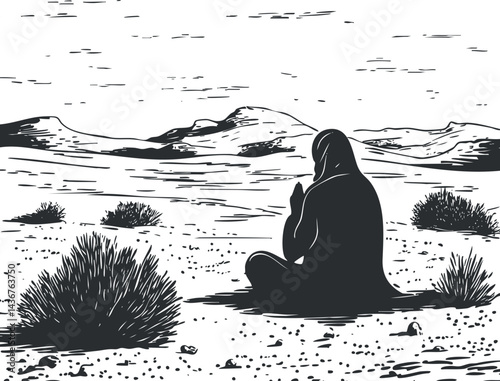 Silhouette of a person sitting and praying in a serene desert landscape with mountains and bushes