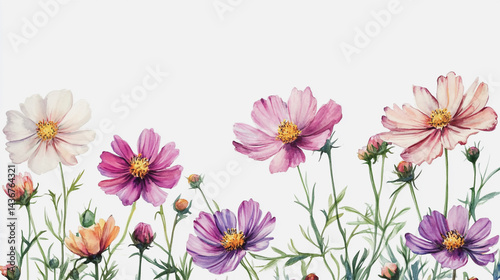 watercolor botanical Cosmos flowers texture template background.Elegant wedding invitation card background . Minimal hand painted Design for wedding or Valentine's Day