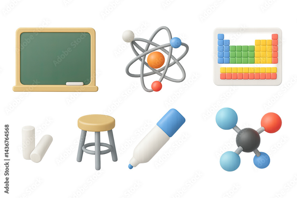 Science education 3d icons set – vibrant and engaging chemistry and physics symbols for interactive learning: chalkboard, atom, periodic table, chalk, marker, molecule.
